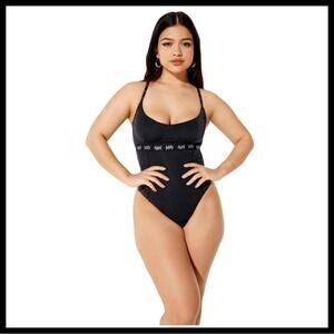 Yitty Fabletics Spotlight Shaping Demi Cup Thong Bodysuit Shimmer Iconic Black